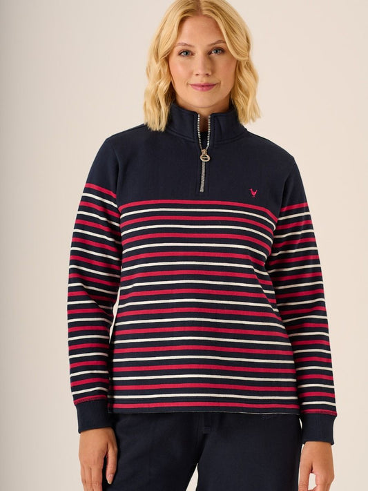 Striped 1/4 Zip Sweatshirt In Navy And Pink -Evelyn