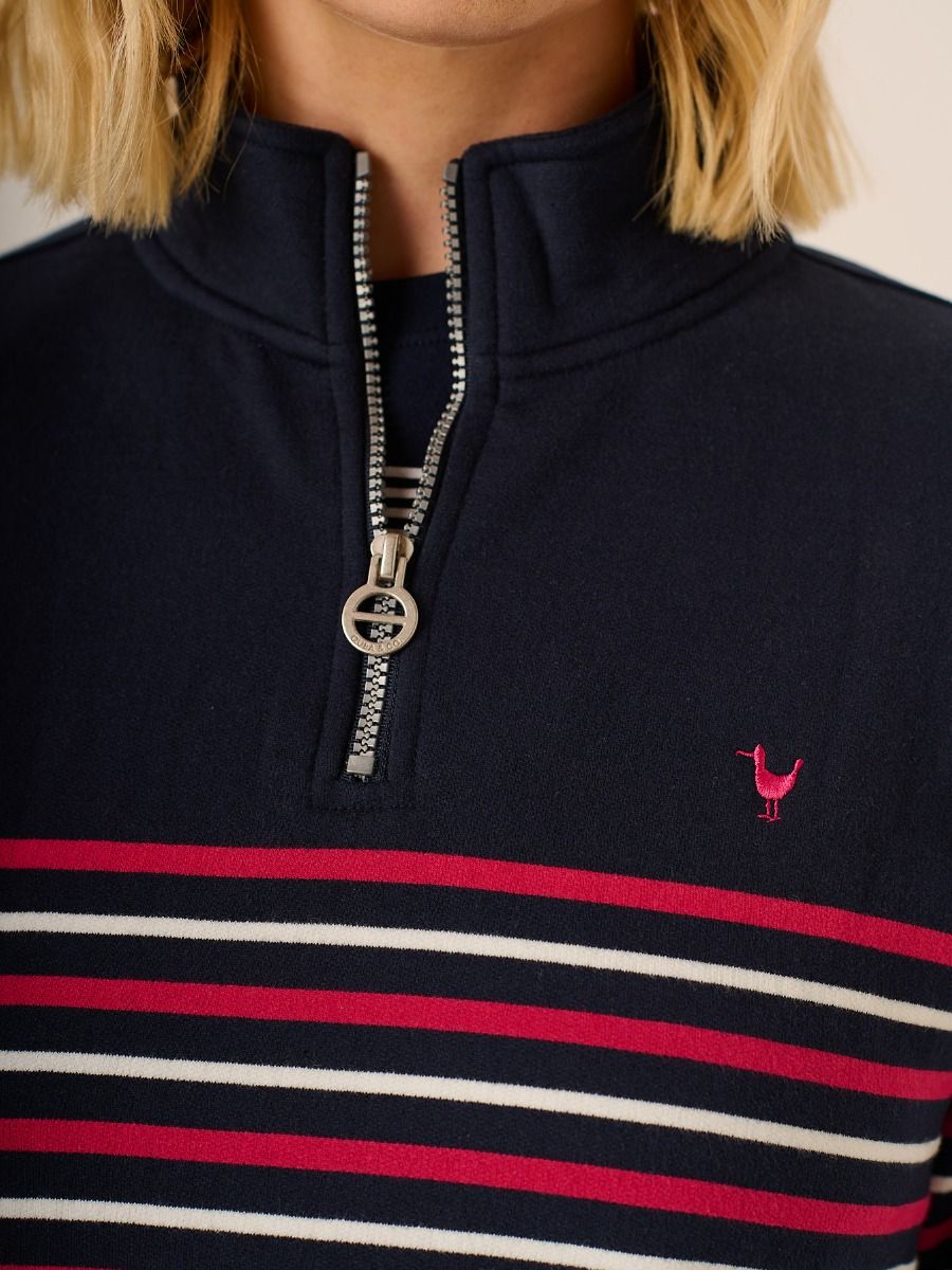 Striped 1/4 Zip Sweatshirt In Navy And Pink -Evelyn