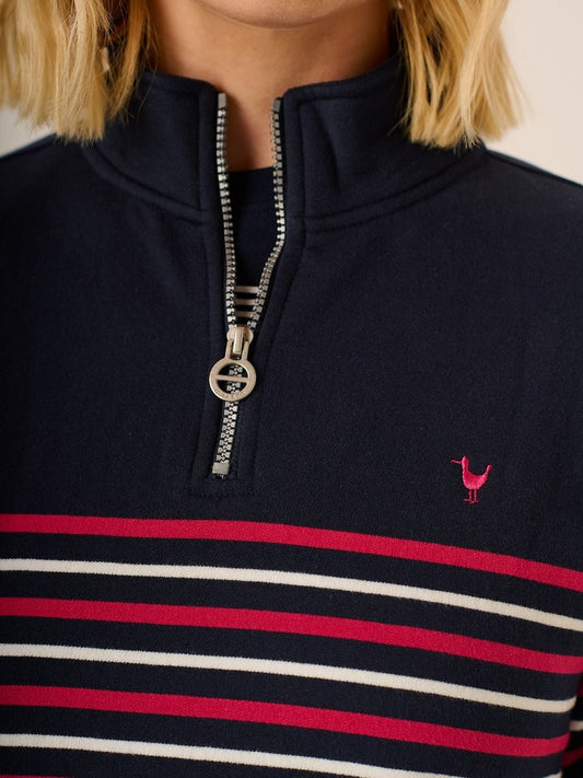 Striped 1/4 Zip Sweatshirt In Navy And Pink -Evelyn