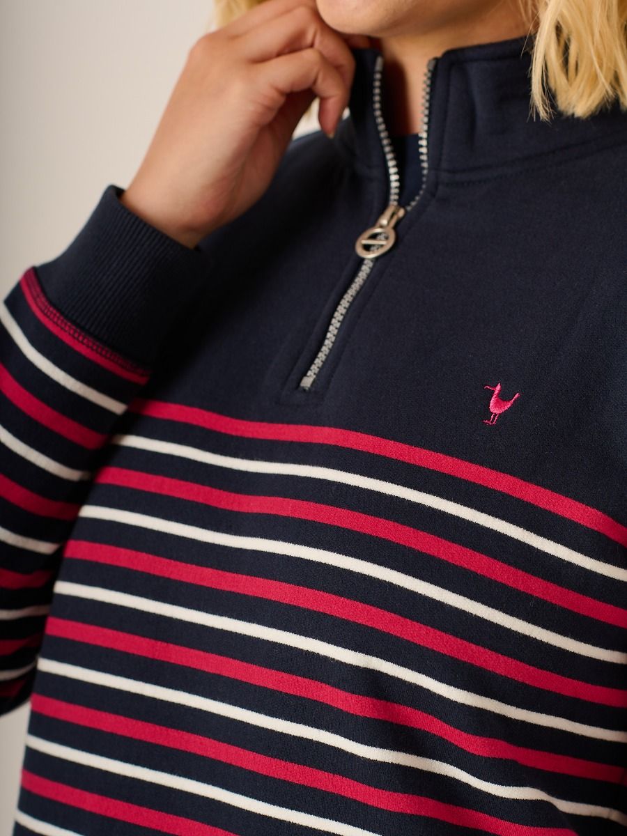 Striped 1/4 Zip Sweatshirt In Navy And Pink -Evelyn