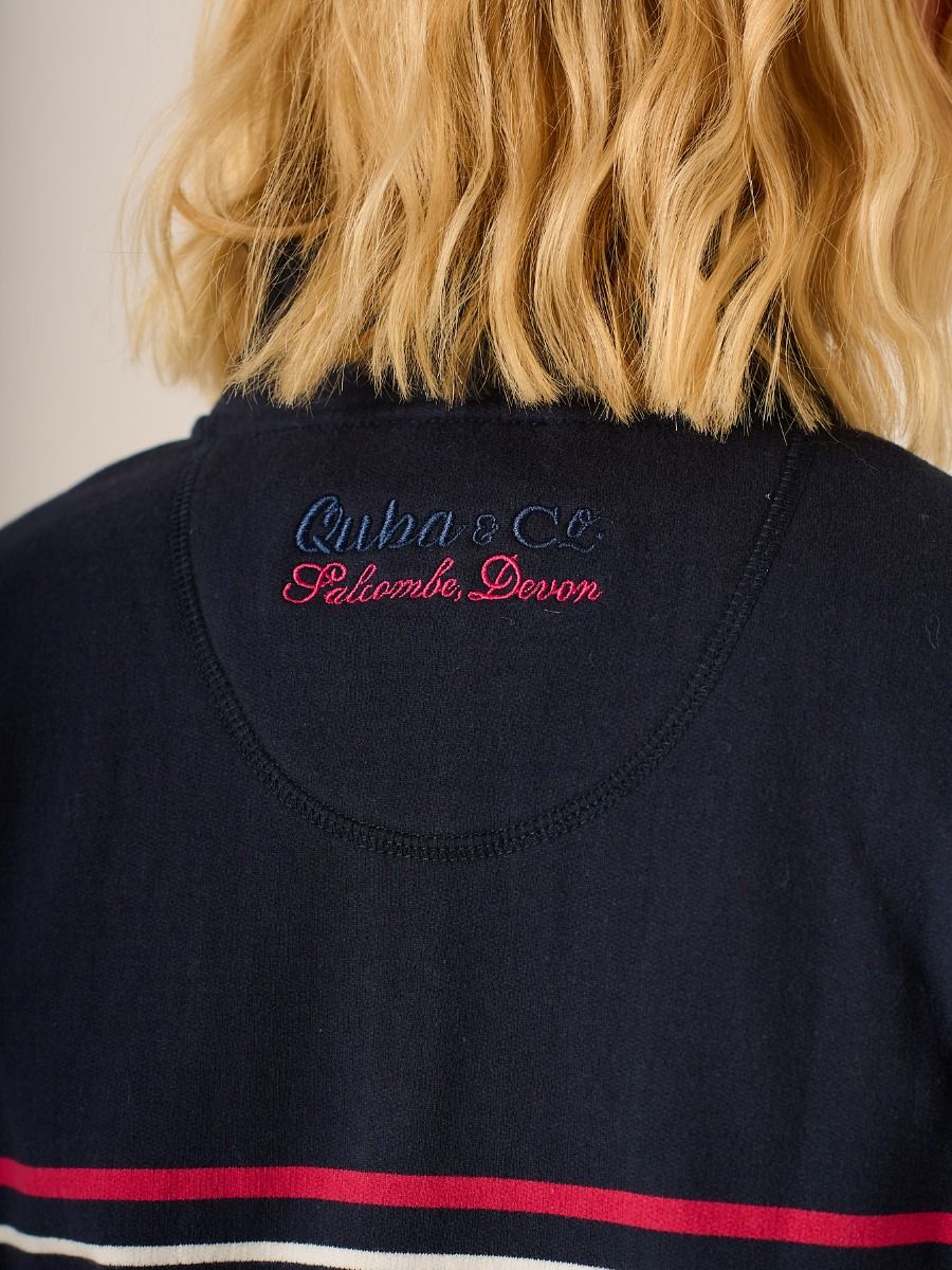 Striped 1/4 Zip Sweatshirt In Navy And Pink -Evelyn