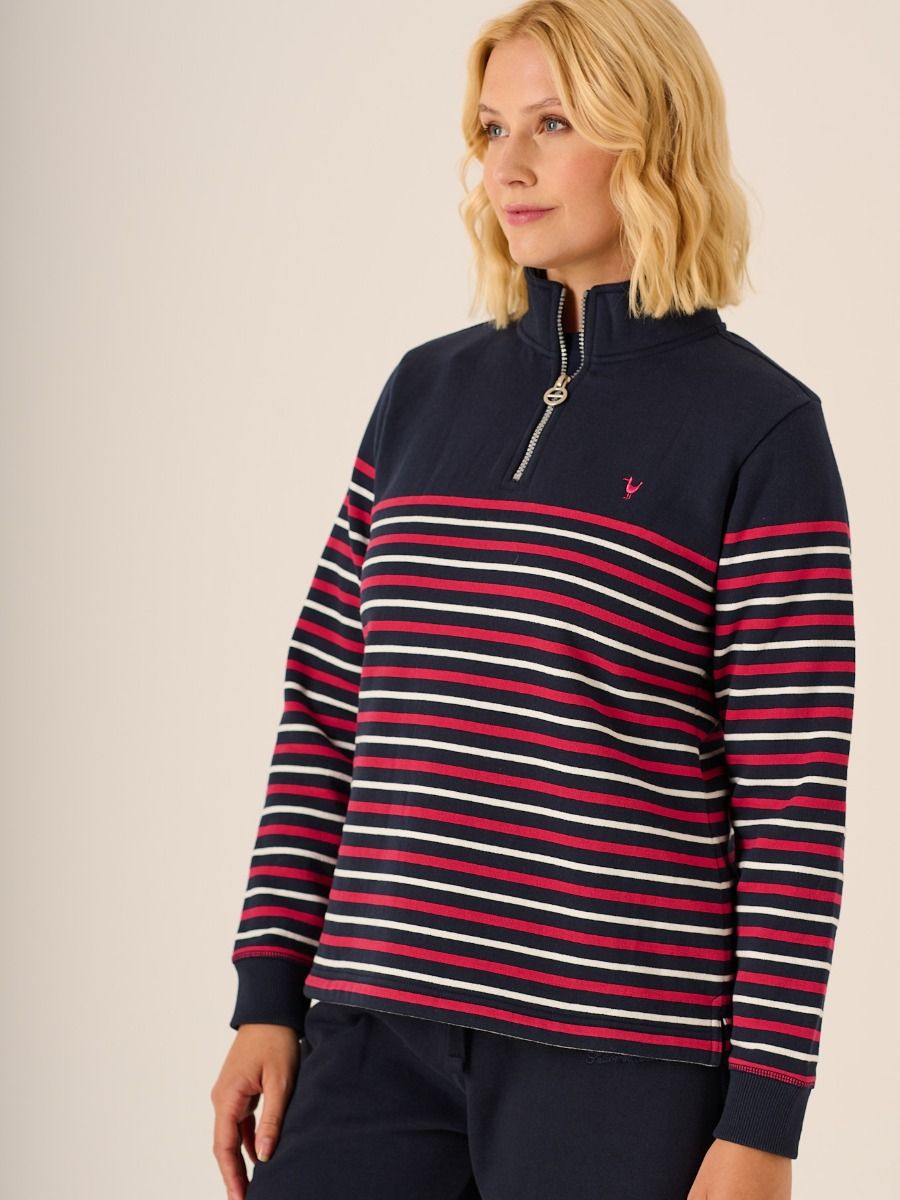 Striped 1/4 Zip Sweatshirt In Navy And Pink -Evelyn