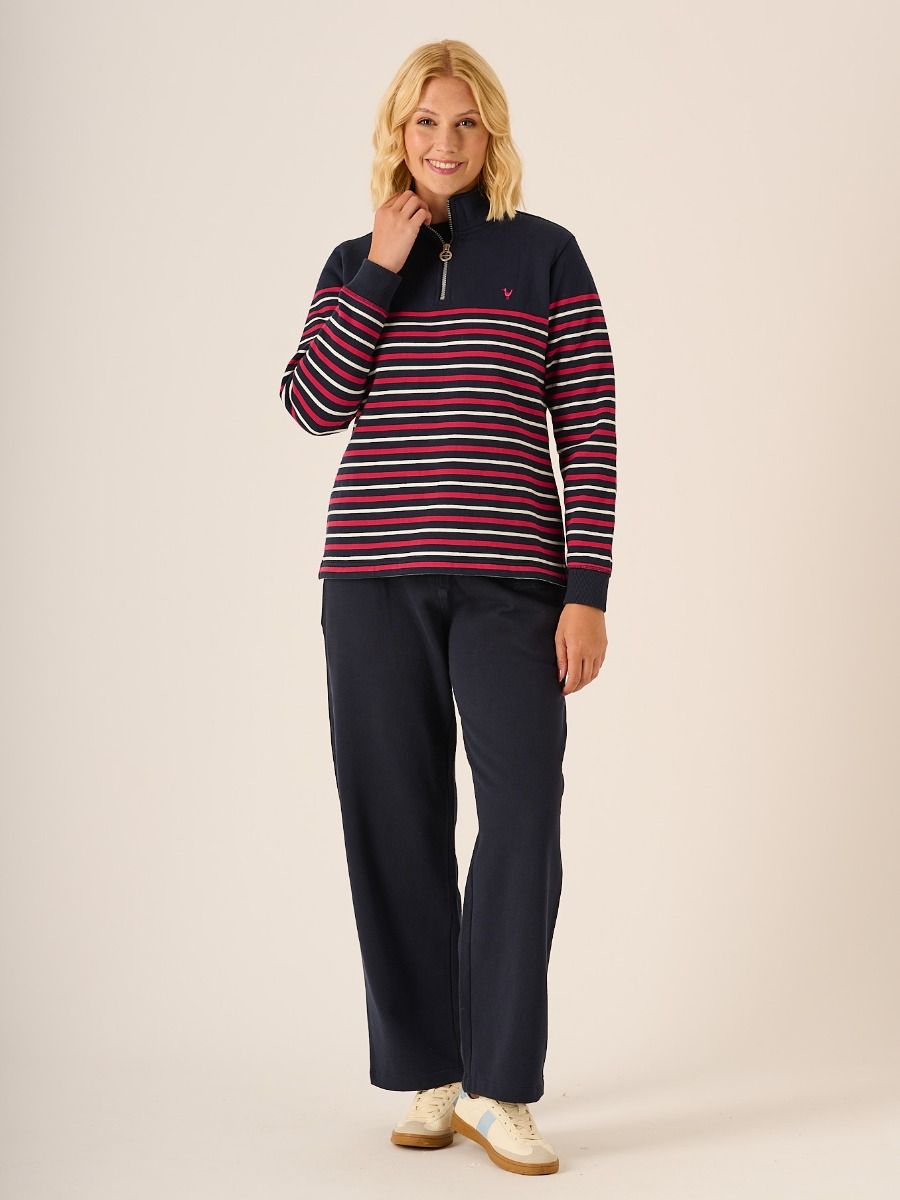 Striped 1/4 Zip Sweatshirt In Navy And Pink -Evelyn