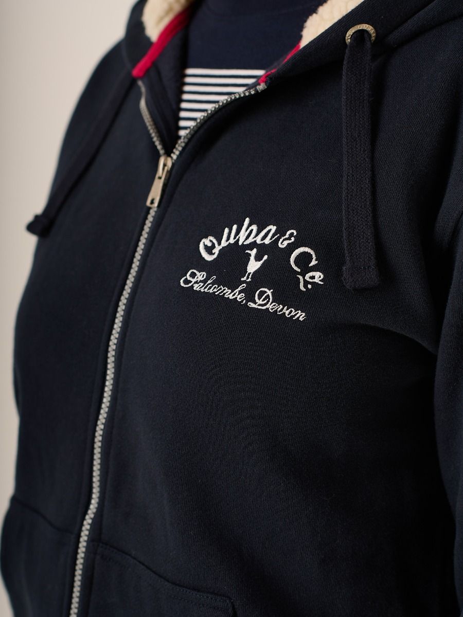 Navy Zip Through Borg Lined Hooded Sweatshirt - Darcy