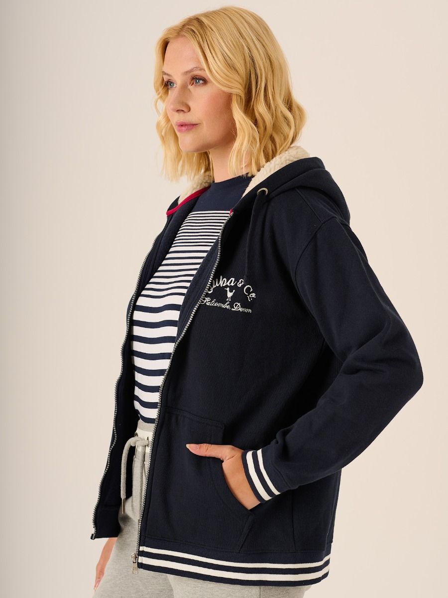 Navy Zip Through Borg Lined Hooded Sweatshirt - Darcy