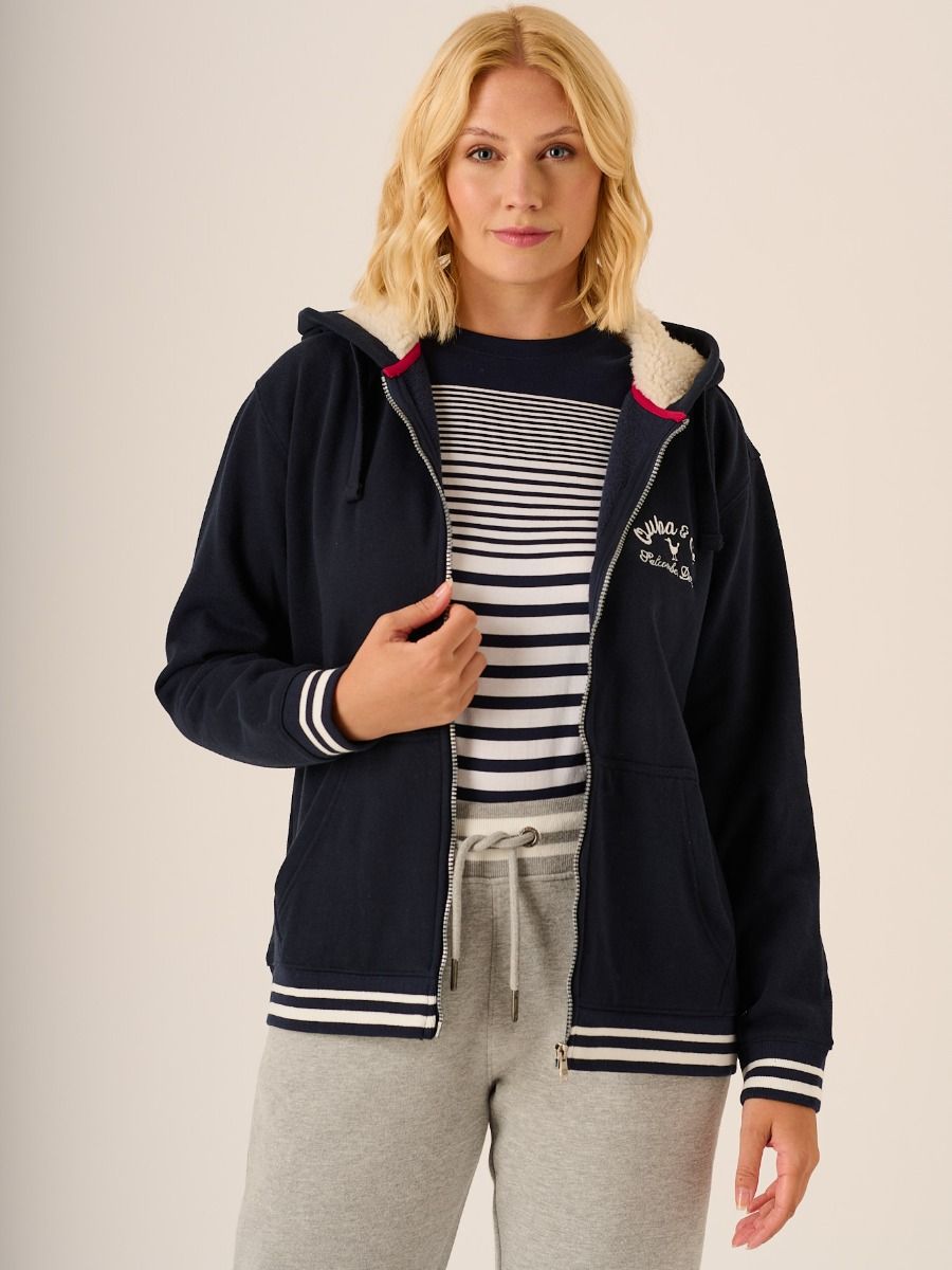 Navy Zip Through Borg Lined Hooded Sweatshirt - Darcy
